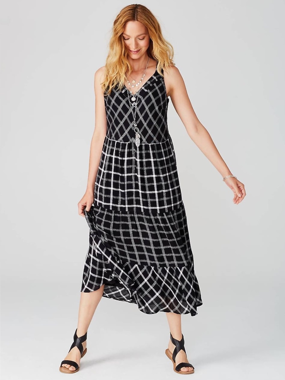J JILL S Mixed Plaid Tiered Dress Midi Maxi Sleeveless Pocket Black White Print
